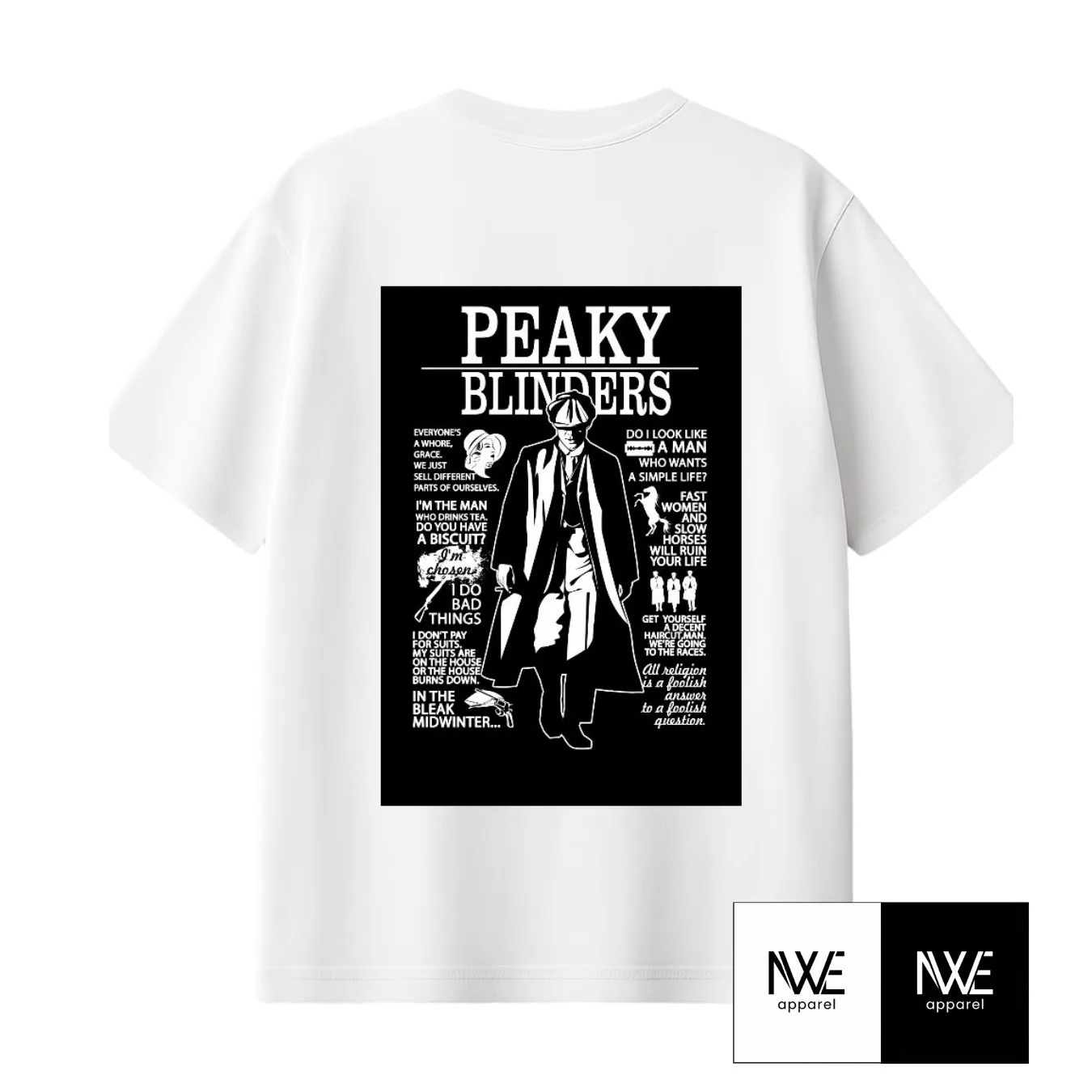 Playera blanca oversize Peaky Blinders con ilustración y frases en la espalda, NWE Apparel