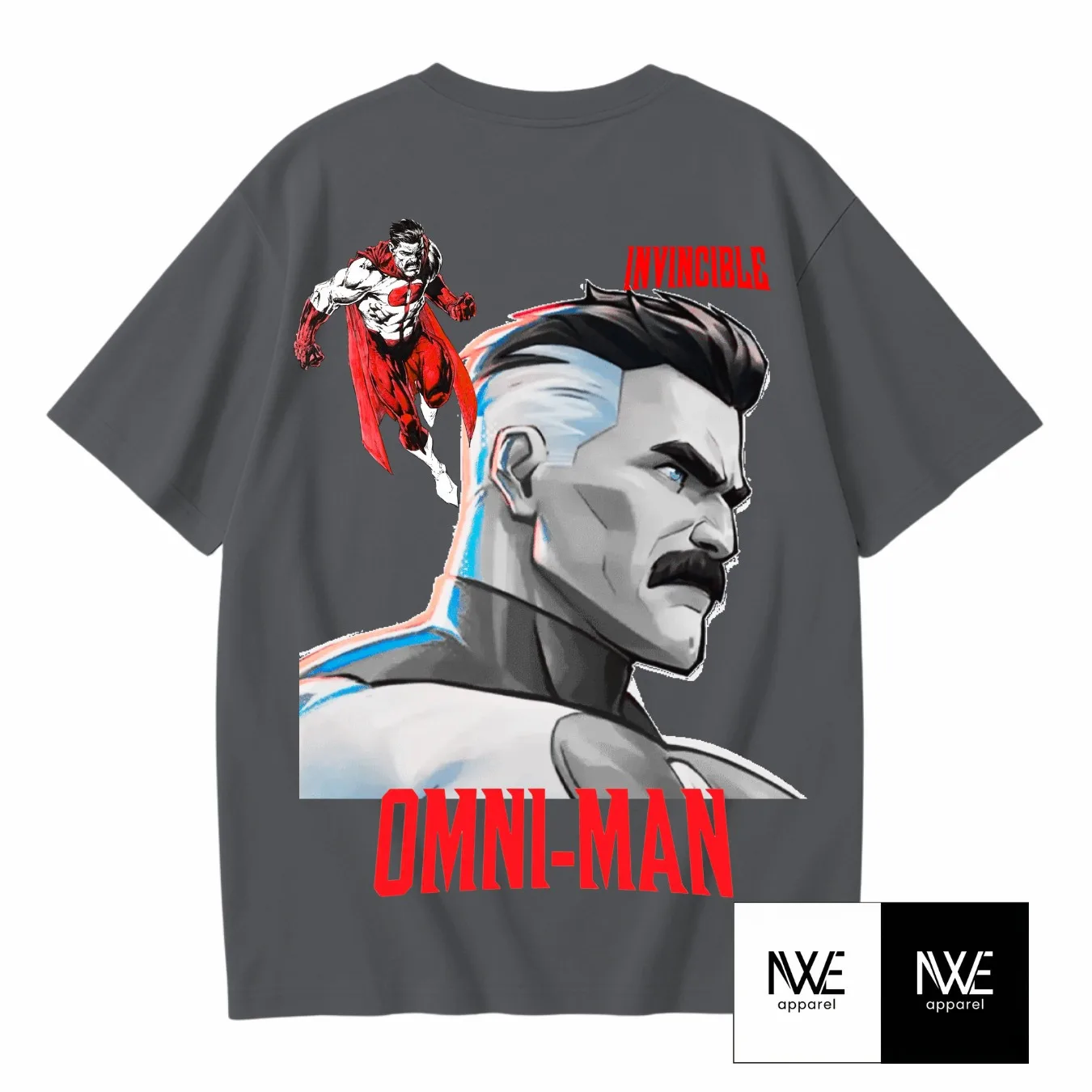 Playera gris oversize Invincible con logo rojo al frente, NWE Apparel