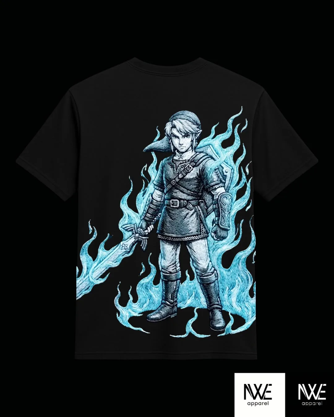 Playera negra oversize con ilustración de Link envuelto en llamas azules, NWE Apparel