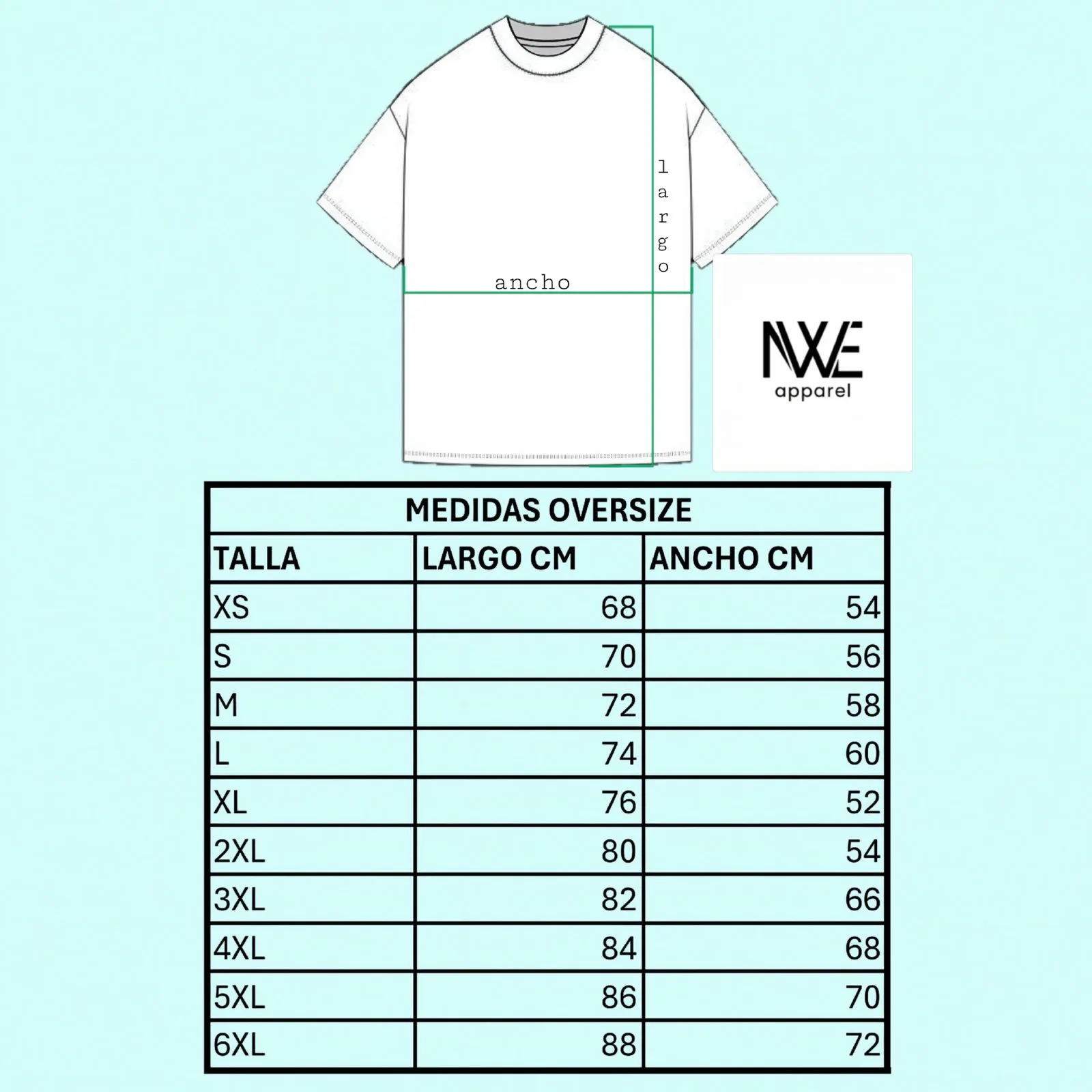 Tabla de medidas oversize, tallas XS a 6XL (largo y ancho en cm)