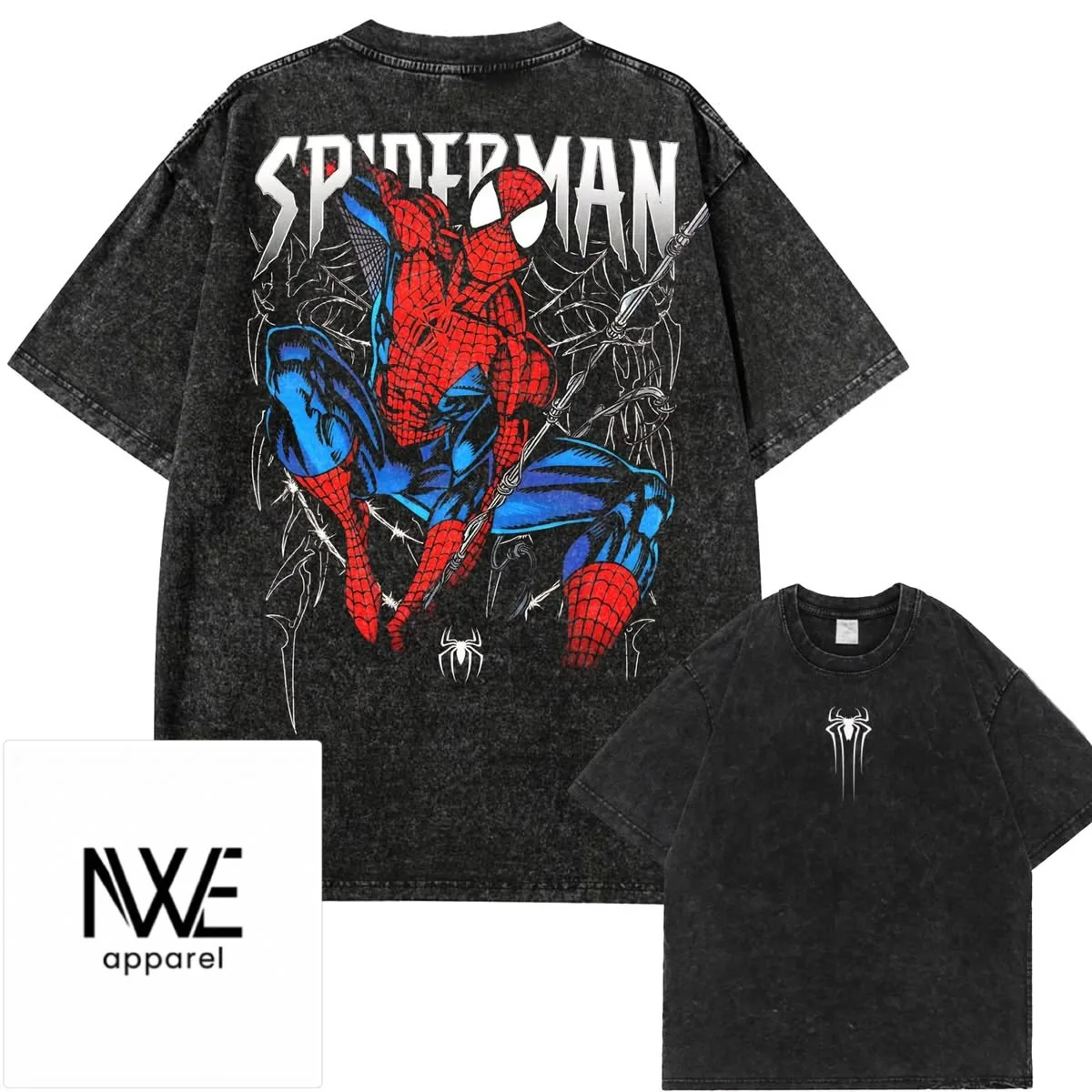 Playera Spider-Man Acid Wash Oversize — diseño de Spider-Man en playera acid wash, frente y espalda