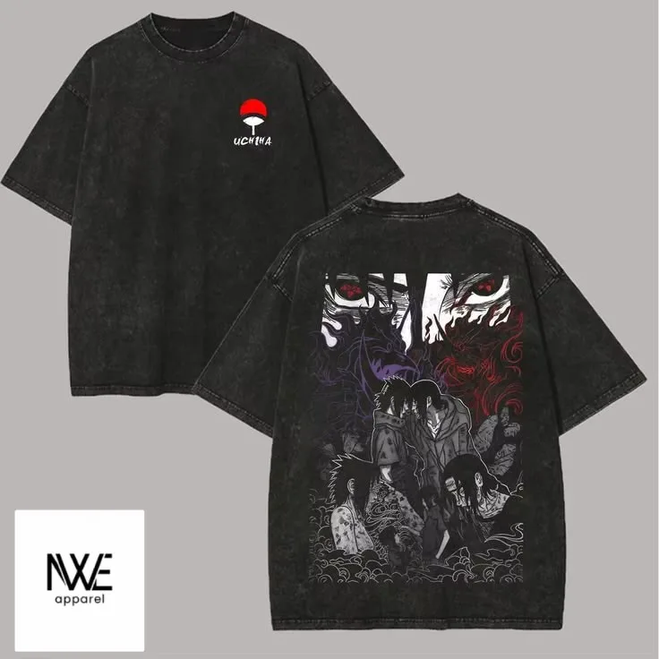 Playera Uchiha Acid Wash Oversize — diseño Uchiha en playera acid wash, frente y espalda
